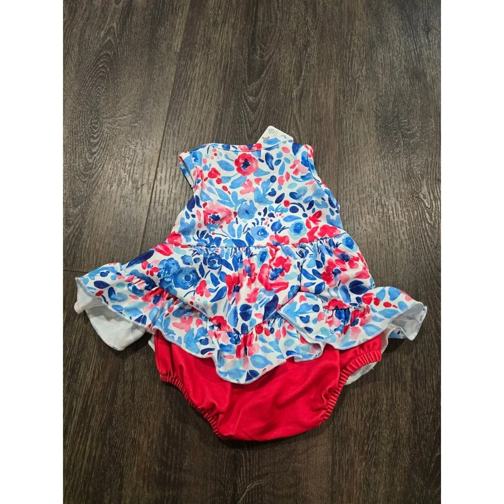Pete + Lucy Baby Girls Floral Ruffle Romper Dress P+Lush Red Blue 0-3M NWT